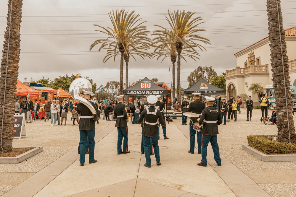 Bruno goes to the SD Legion Rugby Military appreciation game with Marine Band San Diego