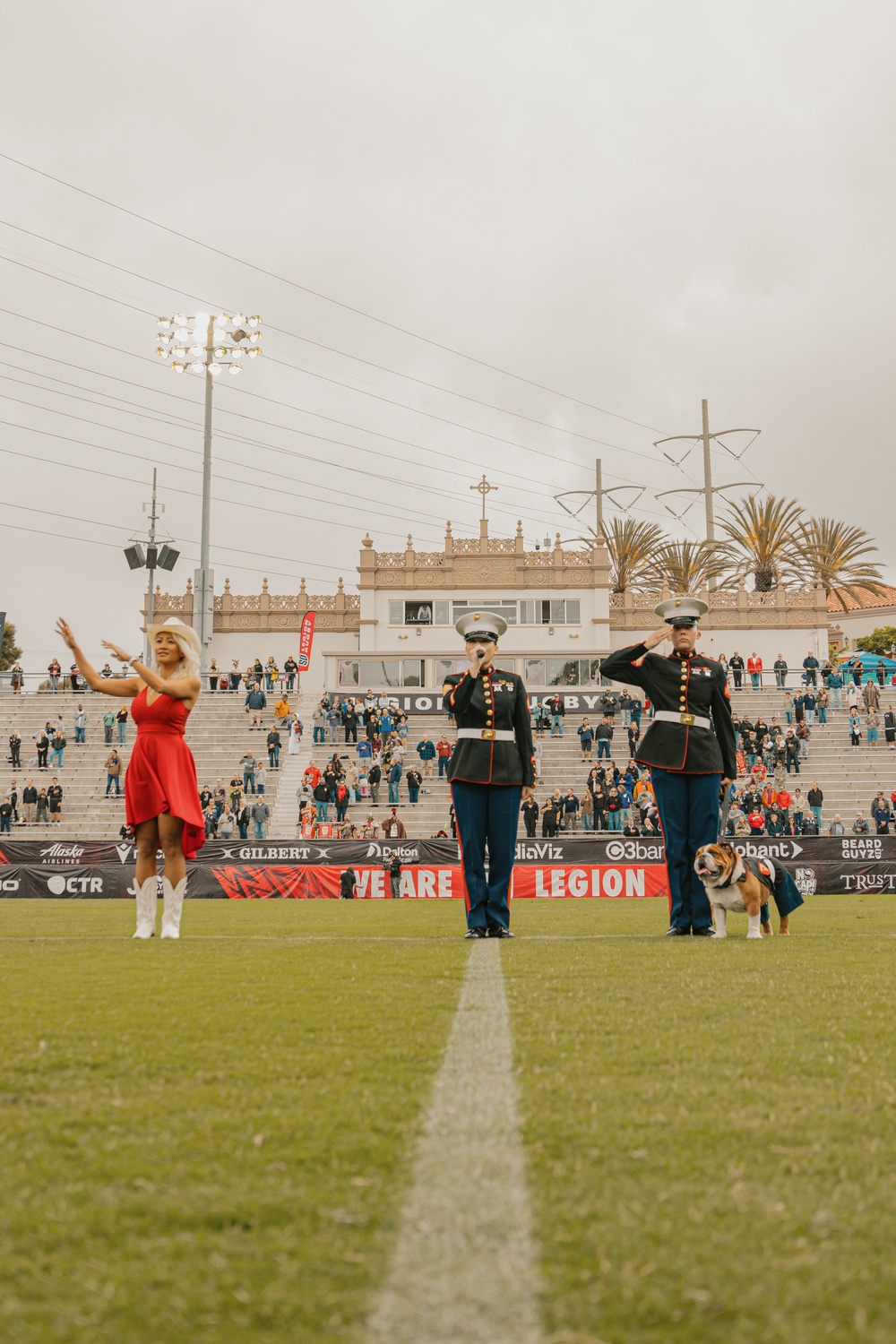 Bruno goes to the SD Legion Rugby Military appreciation game with Marine Band San Diego