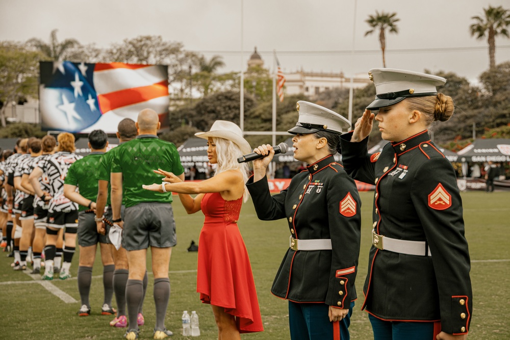 Bruno goes to the SD Legion Rugby Military appreciation game with Marine Band San Diego