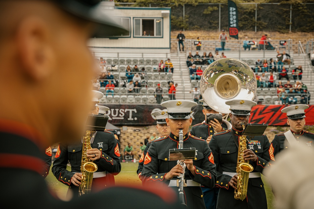 Bruno goes to the SD Legion Rugby Military appreciation game with Marine Band San Diego