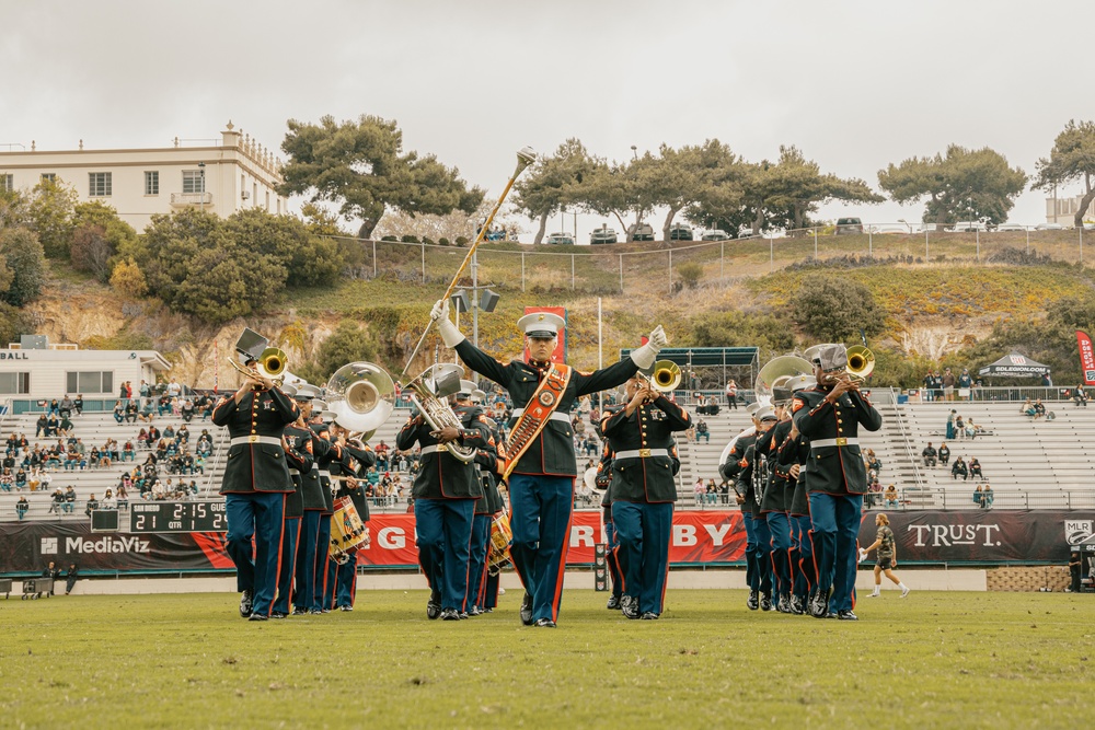Bruno goes to the SD Legion Rugby Military appreciation game with Marine Band San Diego