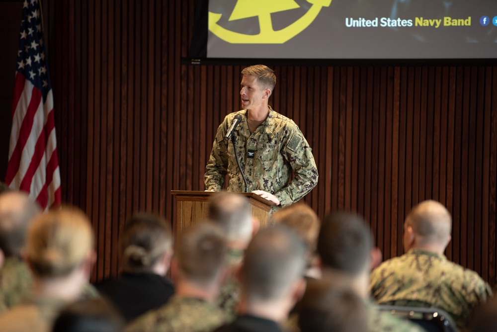 United States Navy Band holds quarterly All Hands meeting.
