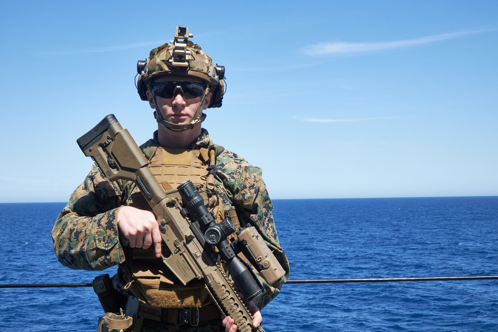 U.S. Marines with FAST Company Europe conduct weapon manipulation drills aboard the USS Mount Whitney