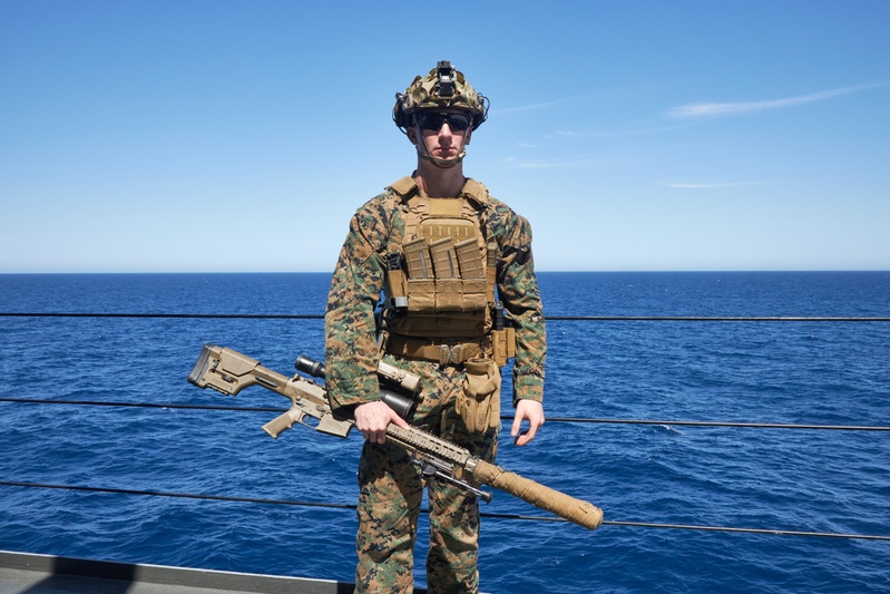 U.S. Marines with FAST Company Europe conduct weapon manipulation drills aboard the USS Mount Whitney