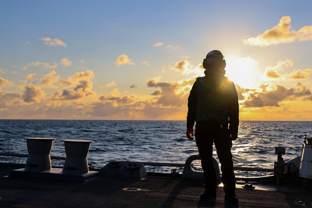 Aviation Machinist's Mate Airman Jorge Sbordone observes a preflight during Formidable Shield (FS) 2025