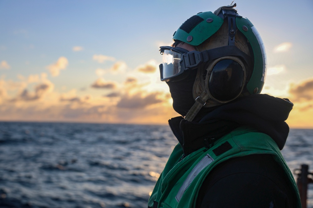 Aviation Machinist's Mate Airman Jorge Sbordone observes a preflight check during Formidable Shield (FS) 2025