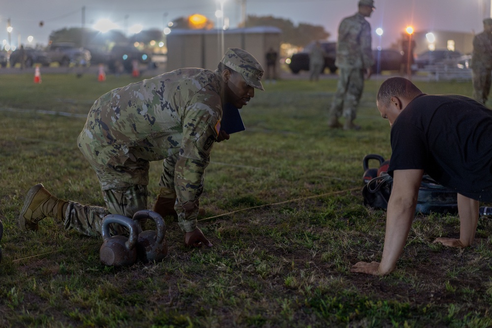 13th Armored Corps Sustainment Command Soldiers conduct an Army Combat Fitness Test