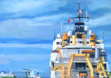 US Coast Guard Art Program Collection 2025, Obj. Id. # 202507, &quot;Healy embarks on Arctic science mission,&quot; Charles Fawcett