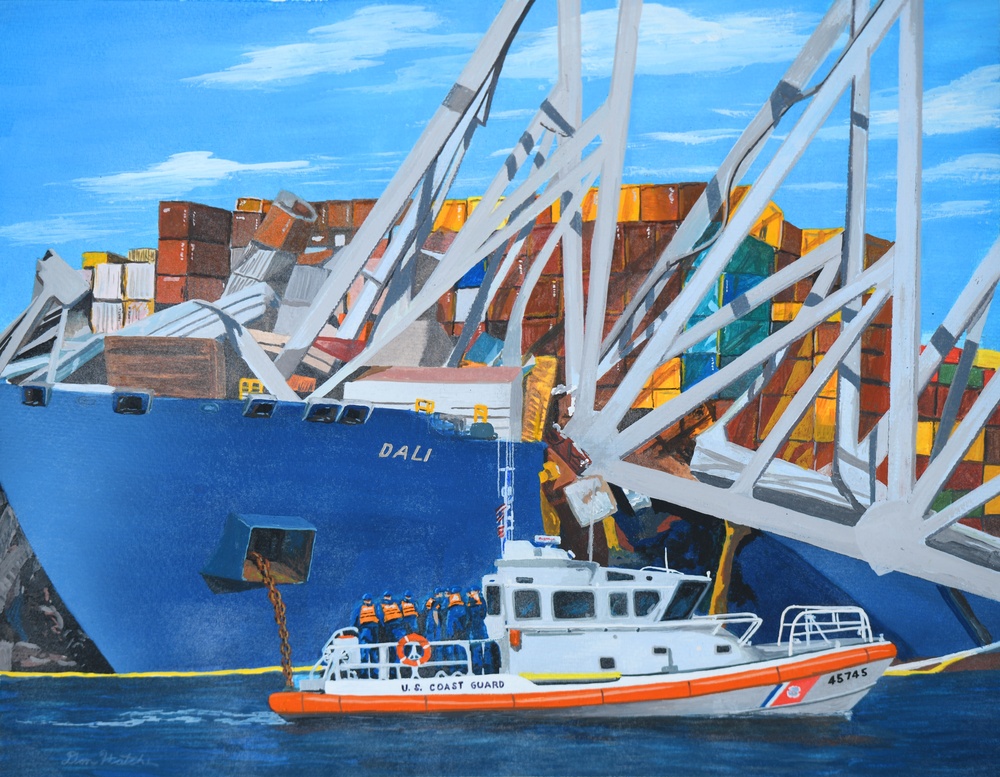 US Coast Guard Art Program Collection 2025, Obj. Id. # 202510, &quot;Assessing the Key Bridge  collapse,&quot; Don Hatcher
