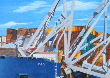 US Coast Guard Art Program Collection 2025, Obj. Id. # 202510, "Assessing the Key Bridge  collapse," Don Hatcher
