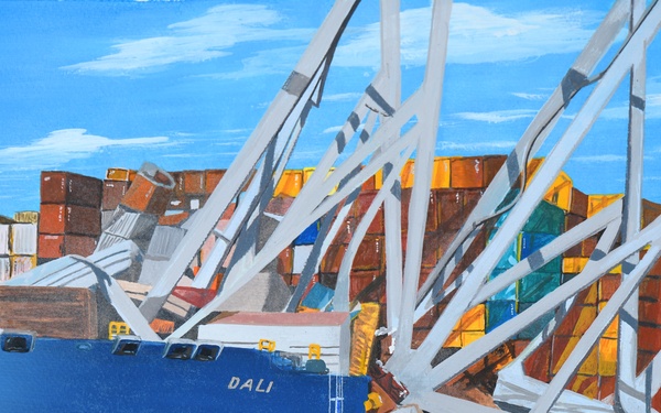 US Coast Guard Art Program Collection 2025, Obj. Id. # 202510, "Assessing the Key Bridge  collapse," Don Hatcher