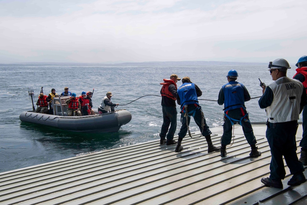 USS John P Murtha transfers personnel via a rigid hull inflatable boat