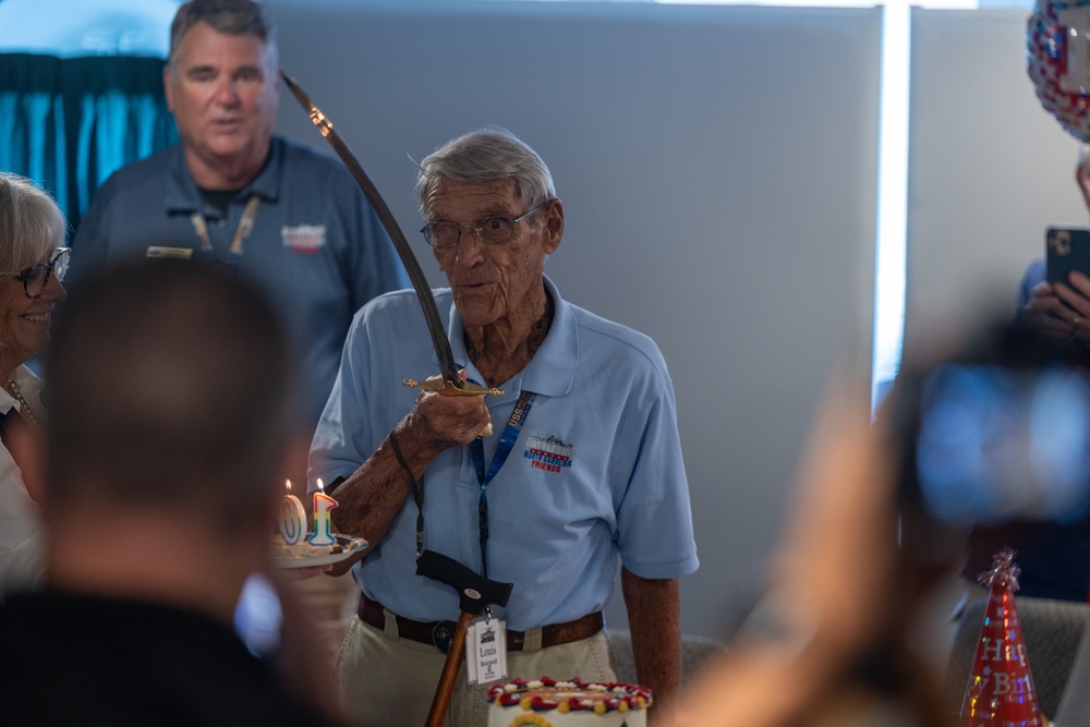 Iwo Jima Veteran celebrates 100th Birthday with Marines, Sailors, family aboard USS North Carolina