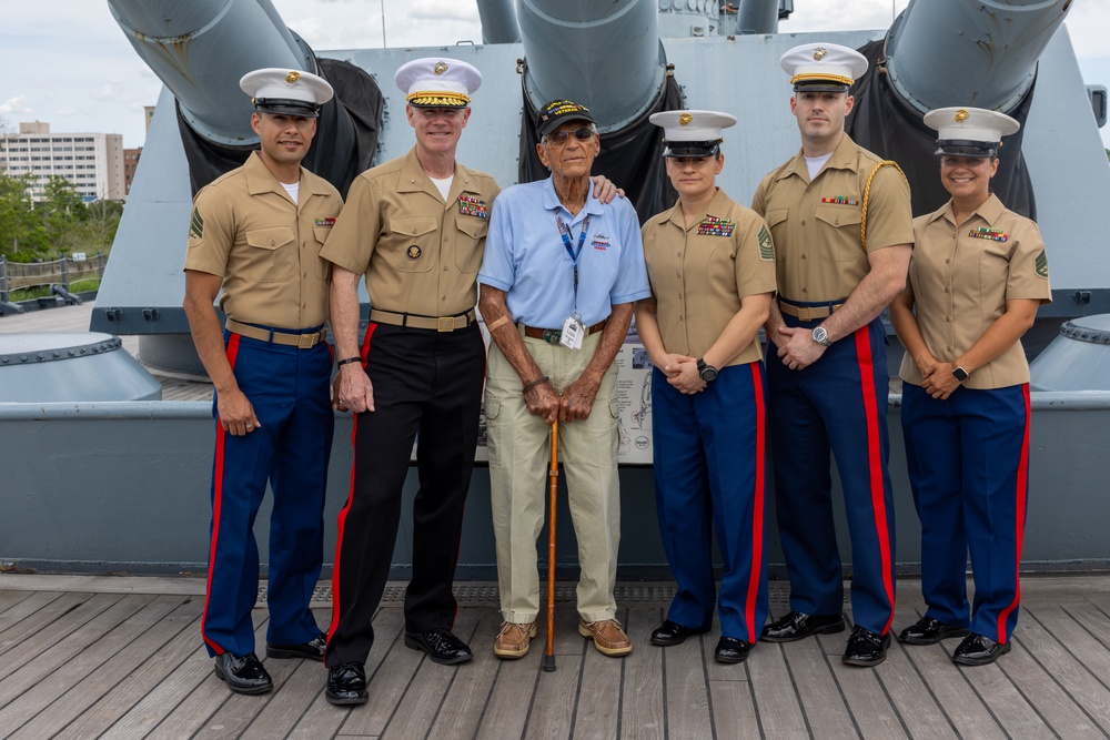 Iwo Jima Veteran celebrates 100th Birthday with Marines, Sailors, family aboard USS North Carolina