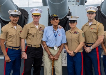 Iwo Jima Veteran celebrates 100th Birthday with Marines, Sailors, family aboard USS North Carolina