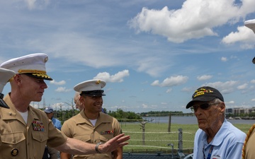 Iwo Jima Veteran celebrates 100th Birthday with Marines, Sailors, family aboard USS North Carolina