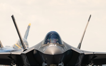 U.S. Navy F-35C Lightning II Demo Team perform a flight demonstration at the Wing Over South Texas Air Show