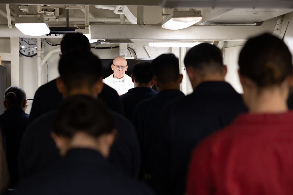 Chaplain Leads Mass Aboard USS Curtis Wilbur (DDG 54)