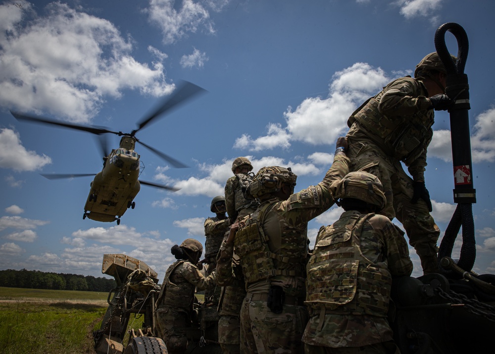 117th Field Artillery and the 169th Aviation train in sling load operations together