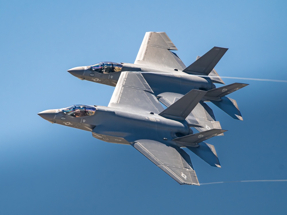 U.S. Navy F-35C Lightning II Demo Team perform a flight demonstration at the Wing Over South Texas Air Show