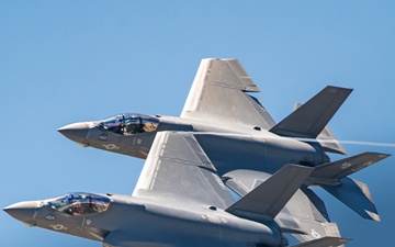 U.S. Navy F-35C Lightning II Demo Team perform a flight demonstration at the Wing Over South Texas Air Show