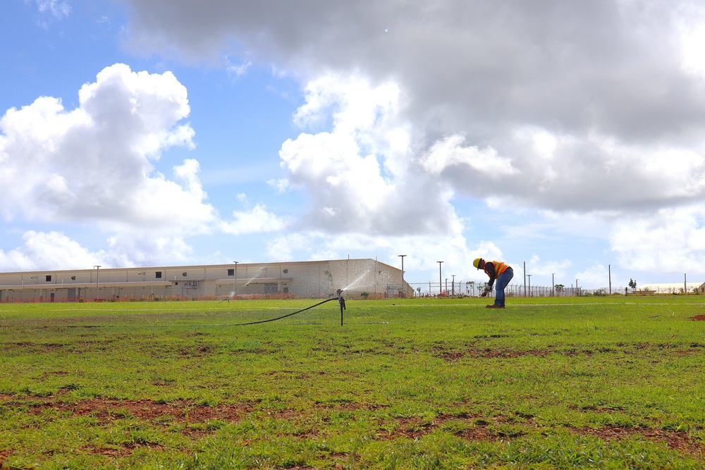 A Contractor Inspects Newly Planted Grass on Marine Corps Base Camp Blaz