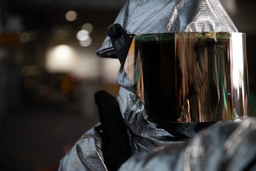 USS George Washington Hanger Deck Conducts Aircraft Firefighting Drills