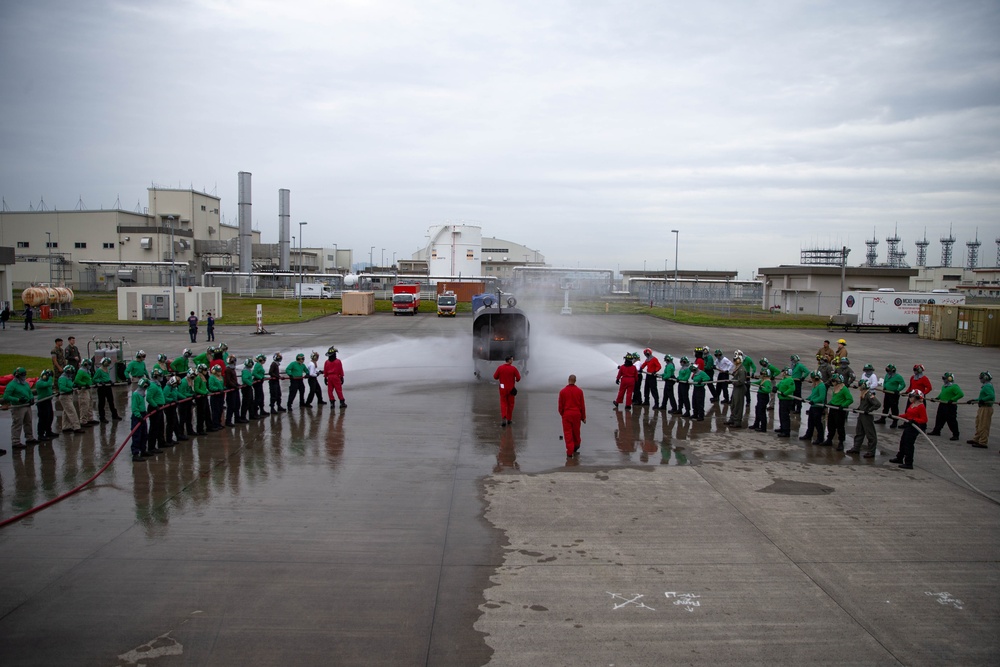 This is fire: U.S. Navy Sailors practice extinguishing fires.