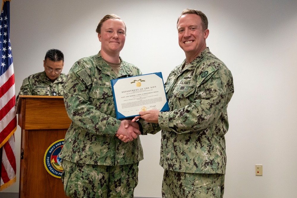 Navy and Marine Corps Force Health Protection Command (NMCFHPC) hosts an award ceremony for Hospital Corpsman First Class Jacqueline Holman and a retirement ceremony for Mr. John Valentine and Mr. Gregory Stone