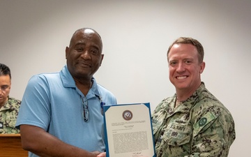 Navy and Marine Corps Force Health Protection Command (NMCFHPC) hosts an award ceremony for Hospital Corpsman First Class Jacqueline Holman and a retirement ceremony for Mr. John Valentine and Mr. Gregory Stone