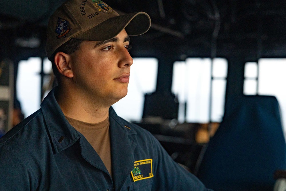 Sailors Stand Watch in the Pilot House aboard USS Ralph Johnson