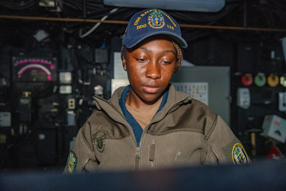 Sailors Stand Watch in the Pilot House aboard USS Ralph Johnson