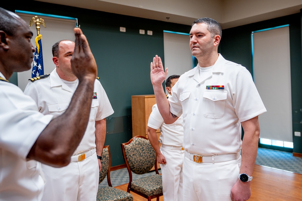 Hospital Corpsman First Class Cameron Galindo is commissioned as a Medical Service Corps Officer