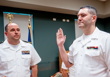 Hospital Corpsman First Class Cameron Galindo is commissioned as a Medical Service Corps Officer