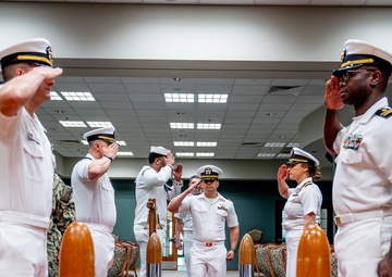 Hospital Corpsman First Class Cameron Galindo is commissioned as a Medical Service Corps Officer