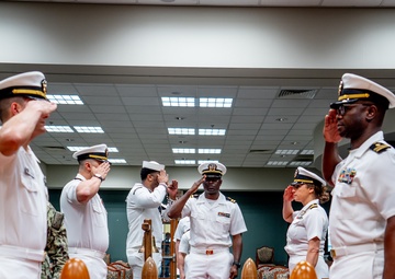 Hospital Corpsman First Class Cameron Galindo is commissioned as a Medical Service Corps Officer