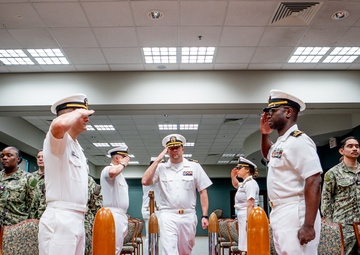 Hospital Corpsman First Class Cameron Galindo is commissioned as a Medical Service Corps Officer