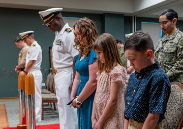 Hospital Corpsman First Class Cameron Galindo is commissioned as a Medical Service Corps Officer