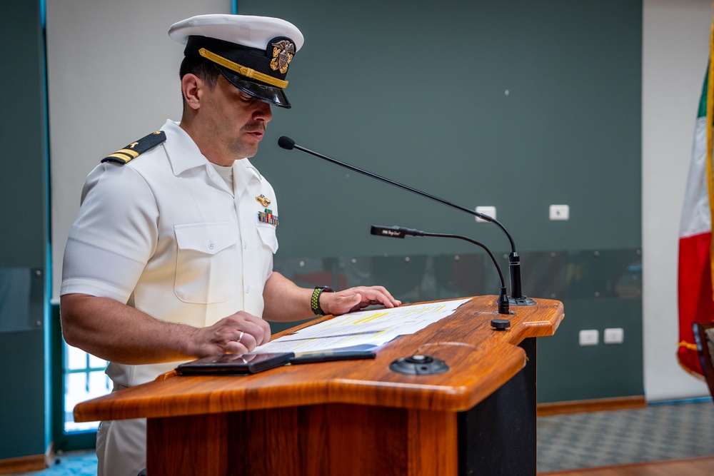 Hospital Corpsman First Class Cameron Galindo is commissioned as a Medical Service Corps Officer