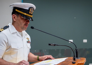 Hospital Corpsman First Class Cameron Galindo is commissioned as a Medical Service Corps Officer