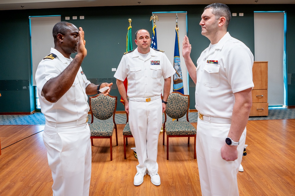 Hospital Corpsman First Class Cameron Galindo is commissioned as a Medical Service Corps Officer