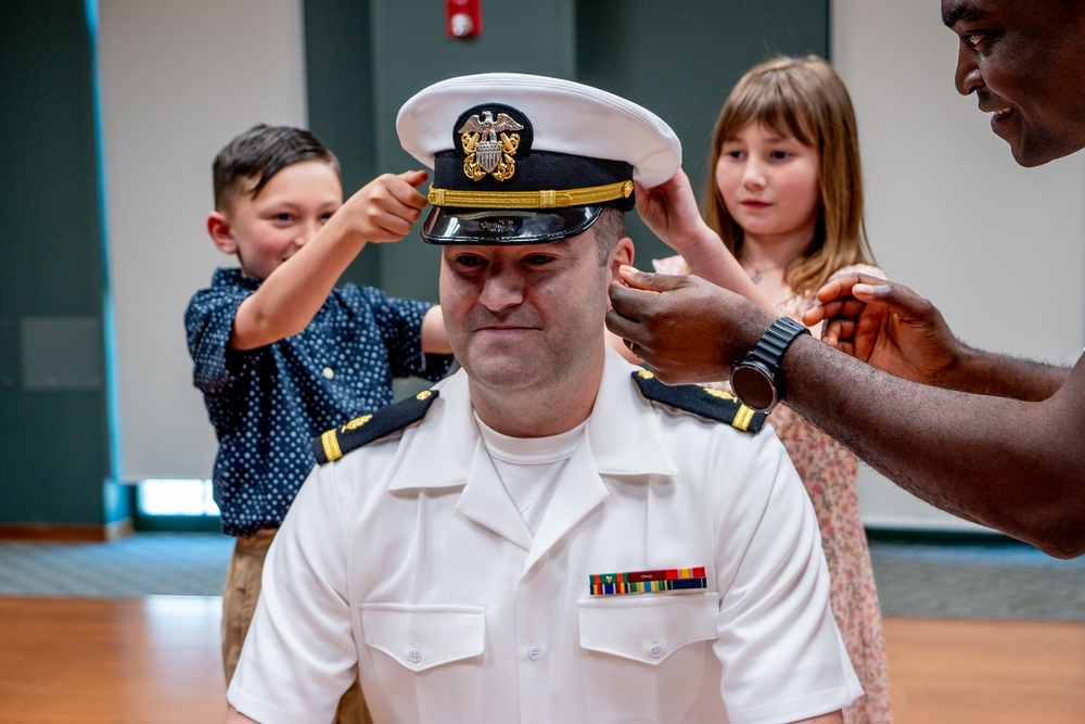 Hospital Corpsman First Class Cameron Galindo is commissioned as a Medical Service Corps Officer