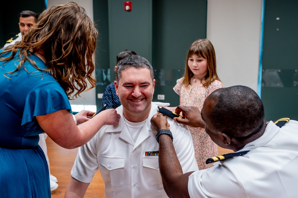 Hospital Corpsman First Class Cameron Galindo is commissioned as a Medical Service Corps Officer
