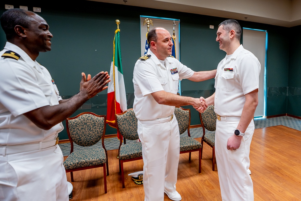 Hospital Corpsman First Class Cameron Galindo is commissioned as a Medical Service Corps Officer