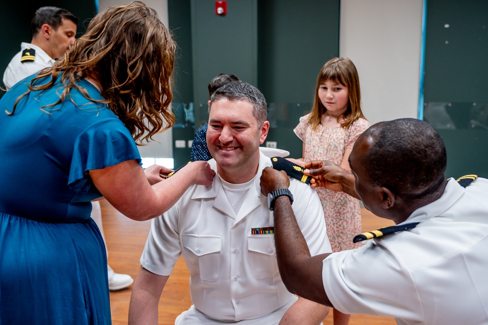 Hospital Corpsman First Class Cameron Galindo is commissioned as a Medical Service Corps Officer