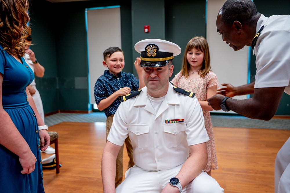 Hospital Corpsman First Class Cameron Galindo is commissioned as a Medical Service Corps Officer