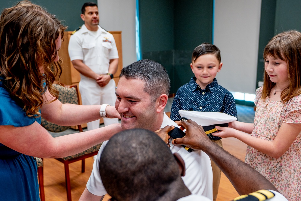 Hospital Corpsman First Class Cameron Galindo is commissioned as a Medical Service Corps Officer