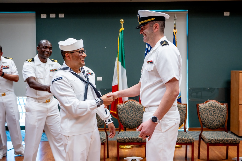 Hospital Corpsman First Class Cameron Galindo is commissioned as a Medical Service Corps Officer