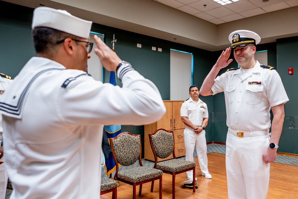 Hospital Corpsman First Class Cameron Galindo is commissioned as a Medical Service Corps Officer