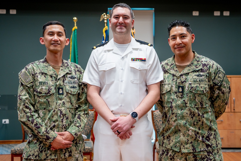 Hospital Corpsman First Class Cameron Galindo is commissioned as a Medical Service Corps Officer
